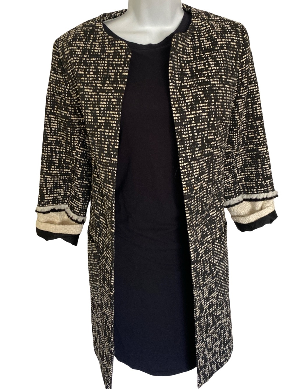 Helene Berman Black and Ivory Textured Open-Front Jacket-12,cotton poly ,London
